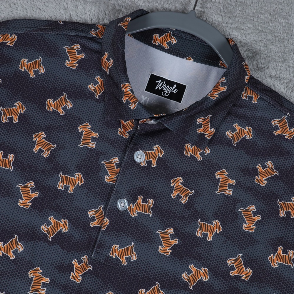 Waggle The Goat Polo Shirt Mens XL Tiger AOP Print Gray Camo Performance Golf